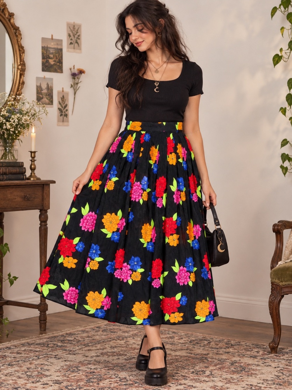 Vintage 90s Chaus Petites Size 14 Floral Midi Skirt Whimsigoth Cottagecore